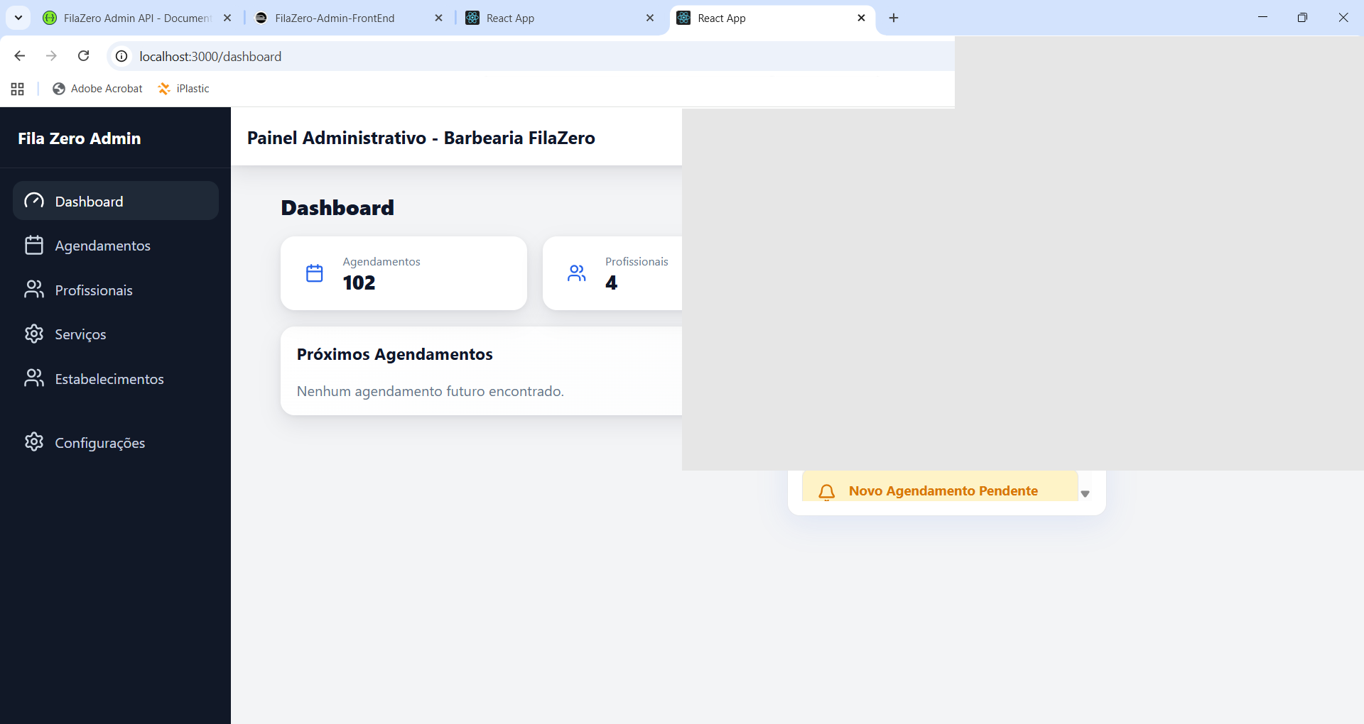 Tela de dashboard administrativo do Fila Zero